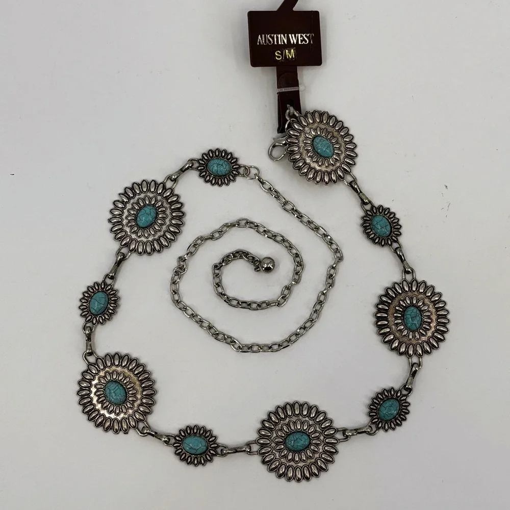 Austin West Concho Chain Belt Women S/M Silver Turquoise Boho Western New